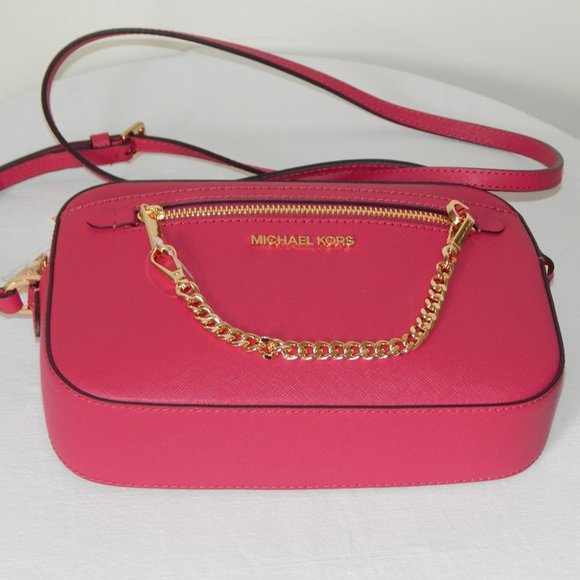 NWT Michael Kors Jet Set Item Leather LG EW Zip Chain Carmine Pink XBody Bag - Picture 10 of 14